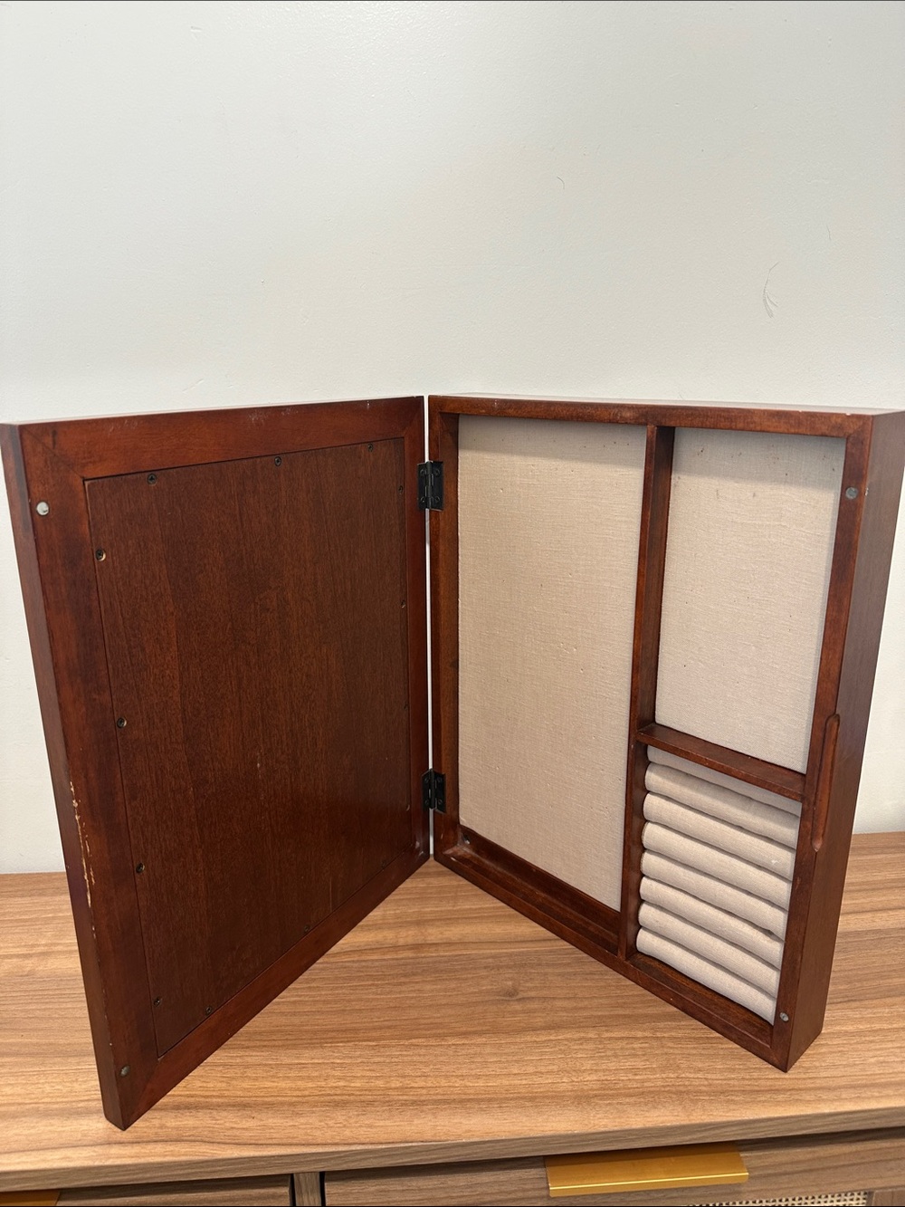 Pottery Barn Wooden Jewelry Organizer in Warm Brown and Cream